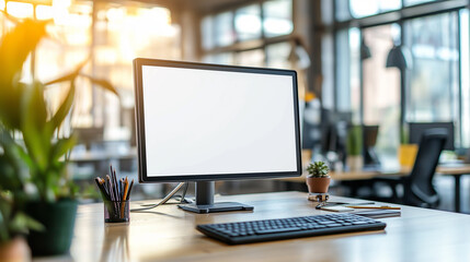 Poster - Modern computer displaying blank white screen sitting on desk in sunny office with plants and supplies