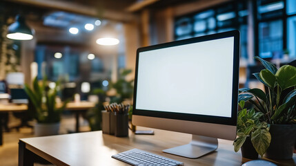 Poster - Modern desktop computer showing blank screen in creative office space at night