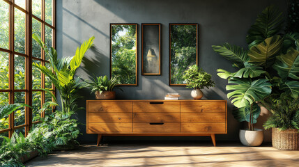 Poster - Wooden dresser with plants in a modern home.