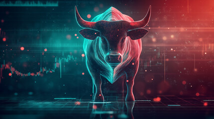 Poster - Holographic bull standing on a grid with stock market charts in the background representing a bull market