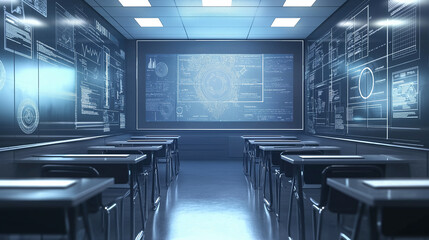 Fototapete - Futuristic classroom showing data analysis and global connectivity on digital whiteboards