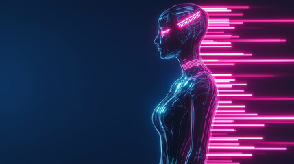 Poster - Futuristic cyborg woman with glowing lines is processing data