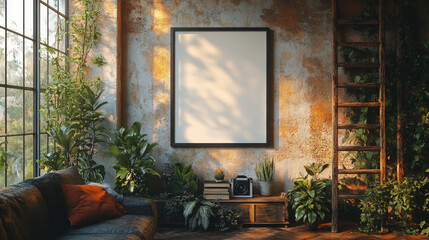 Canvas Print - A blank canvas in a rustic room with plants and a ladder.