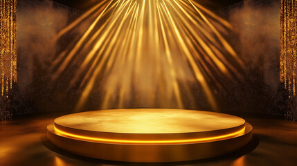 Poster - Golden stage is illuminated by spotlights creating dramatic scene for award ceremony