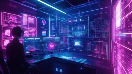 A Hacker Working in a Room with Neon Lights and Multiple Screens Displaying Code