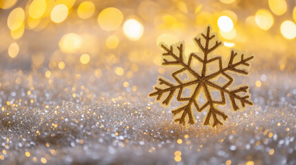 Poster - Golden glitter snowflake ornament is standing on a sparkling background with golden lights