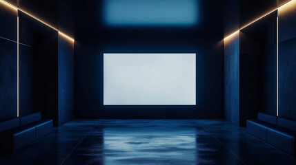Poster - Empty modern gallery interior with big white blank poster on wall and blue lighting