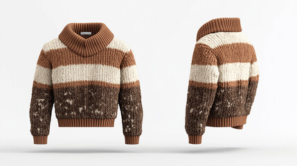 Brown and beige striped wool knit sweater with a high collar is floating on a white background