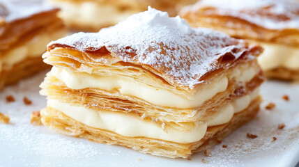 Delicious mille feuille with icing sugar layering flaky puff pastry and custard cream filling