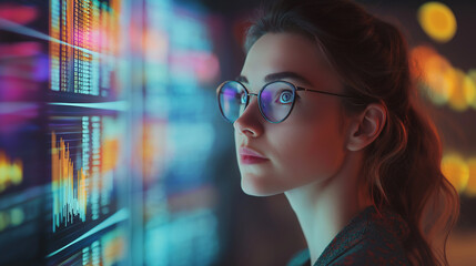 Poster - Young female data scientist working with big data on multiple computer screens at night