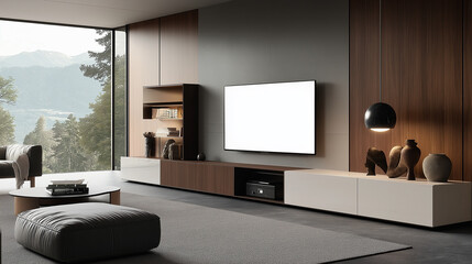 Poster - Modern living room with big tv and large window overlooking mountain view