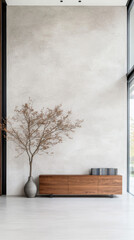 Wall Mural - Minimalist living room with a wooden cabinet and a vase with dried branches.