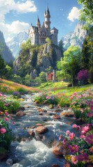 Poster - A picturesque landscape featuring a gentle stream flowing through vibrant flower-covered meadows