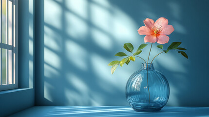 Poster - Single pink flower in a blue vase on a blue table