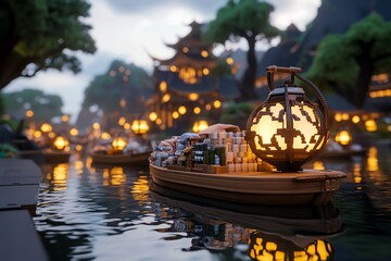 Wall Mural - Hyper-realistic image of a floating market at dawn, with the soft light reflecting off the water, illuminating the boats and their goods with incredible clarity and realism