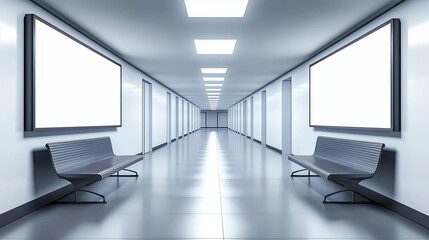 Poster - Modern empty corridor with benches and blank billboards is waiting for passengers