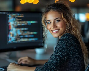 Fototapete - Beautiful female IT specialist using a laptop, smiling while thinking, solving coding challenges in a contemporary office, focused and confident, software developer at work