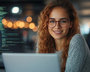 Fototapete - Beautiful female IT specialist using a laptop, smiling while thinking, solving coding challenges in a contemporary office, focused and confident, software developer at work