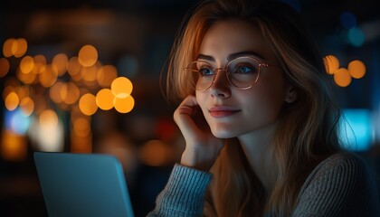 Aufkleber - Beautiful female IT specialist working on a laptop, looking around the office, deep in thought, solving programming challenges, professional and happy software engineer