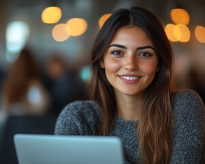Fototapete - Beautiful female IT specialist using a laptop, smiling while thinking, solving coding challenges in a contemporary office, focused and confident, software developer at work