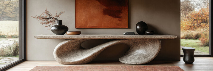 Wall Mural - Modern, abstract console table in a contemporary living room.