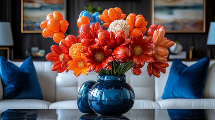 Wall Mural - Colorful glass flower arrangement in a modern living room.