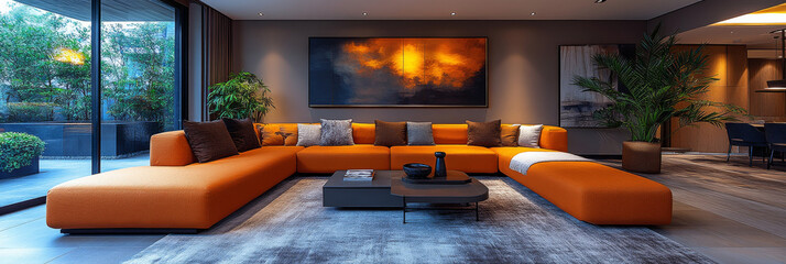 Sticker - Modern living room with orange sectional sofa.