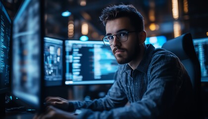 Aufkleber - System administration and machine learning engineer programming at his workstation, planning and expanding network structure of the enterprise in a modern office setting