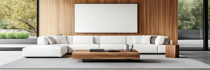 Sticker - Modern living room with white sectional sofa and wood coffee table.