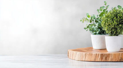 Sticker - Two potted plants on a wooden slice against a white background.