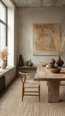 Wall Mural - Rustic dining room with a large wooden table and a woven rug.