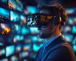 Aufkleber - Businessman in Virtual Reality Immersive 3D Environment for Browsing Websites, Watching Videos, Social Media, eBusiness