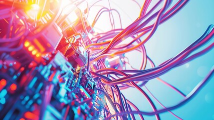 Poster - a large bundle of cables coming down from a ceiling connected to some piece of futuristic technology, contrasted against a plain bright background, 