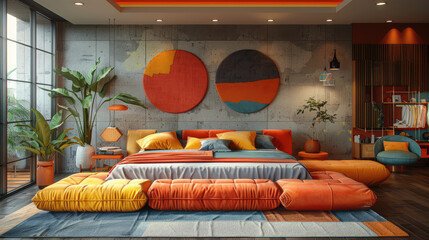 colorful red, orange ,yellow design  bedroom  