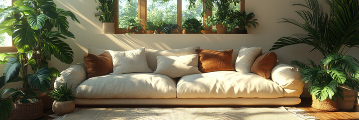 Poster - Cozy living room with a large, white sofa and lush green plants.