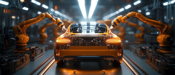 Aufkleber - Dynamic Cinematic Camera Angle Autonomous Factory with Robotic Arms Assembling Car Frames, AI Precision in Electric Vehicle Production