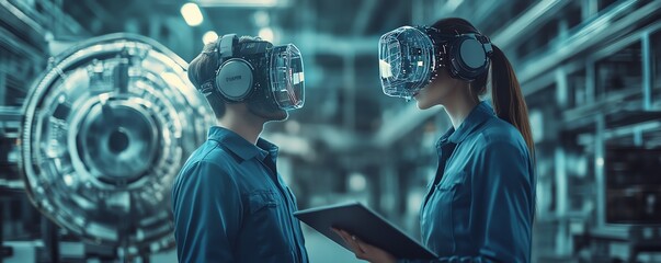 Poster - Factory Digitalization Scene Two Industrial Engineers with Tablet Visualizing 3D Model of Green Energy Engine, Advanced Electronics Facility
