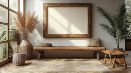 Wall Mural - Minimalist living room with a large framed picture, wooden bench, and plants.