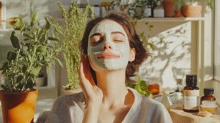 Young woman with face mask relaxing in a natural and green setting, enjoying her beauty routine.