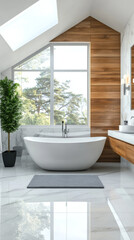 Poster - Modern bathroom with a white bathtub and marble floors.