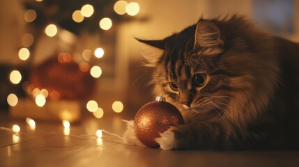 Wall Mural - Fluffy cat playing with a Christmas ornament in a cozy living room setting