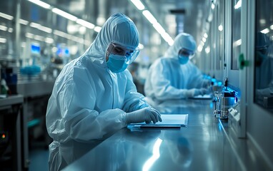 Aufkleber - Semiconductor Production Process at Electronics Factory Two Technicians in Sterile Suits Removing Silicon Wafer, HighTech Environment