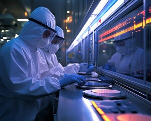 Silicon Wafer Removal at Electronics Factory Two Technicians in Sterile Suits During Semiconductor Production, Cleanroom Atmosphere