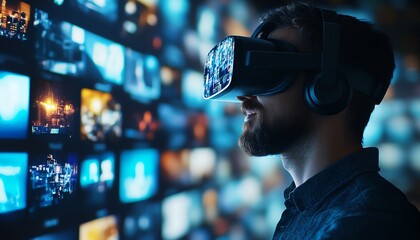Aufkleber - Virtual Reality Businessman in Digital Cyberspace Engaging with Content Websites, Video Streaming, Social Media, eCommerce