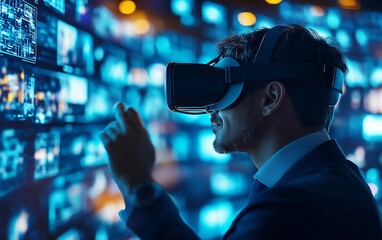 Aufkleber - Virtual Reality Businessman in 3D Cyberspace Browsing Websites, Streaming Videos, Engaging in Social Media, eBusiness Operations