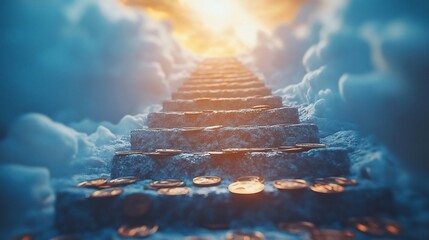 Canvas Print - Stone stairway leading to heaven with gold coins.