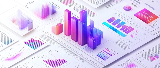 Poster - Business data report in isometric perspective, white background, visual representation of charts and key metrics, sleek and modern