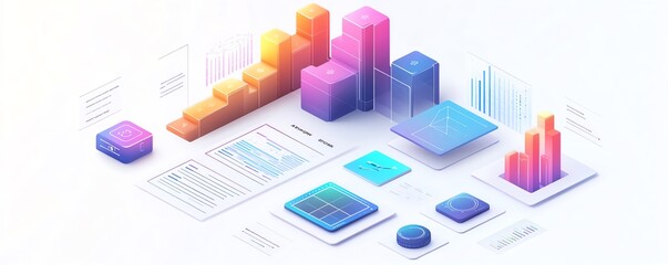 Poster - Business report data presentation in isometric perspective, white background, detailed charts and graphs, professional design