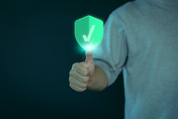 Fototapete - Person showing a glowing shield with a checkmark icon, symbolizing security, protection, and trust. Concept of emphasizes digital safety, authentication, and confidence in modern technology.