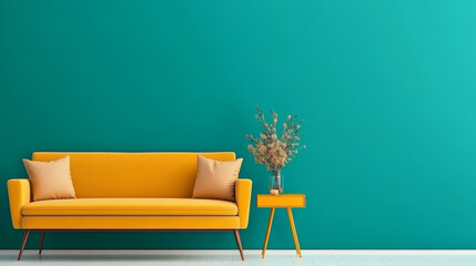 Canvas Print - A bright yellow sofa with pillows sits against a teal wall.